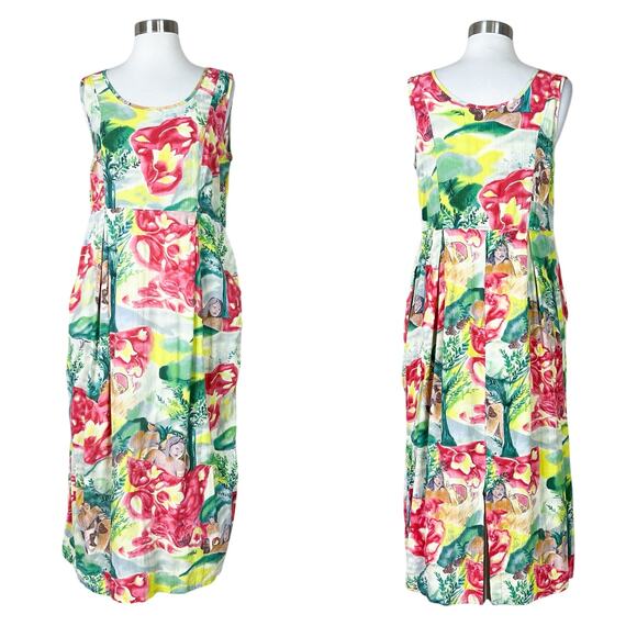 Jams World | Hawaiian Floral Abstract Print Green Red Sleeveless Midi Dress S - Picture 1 of 12